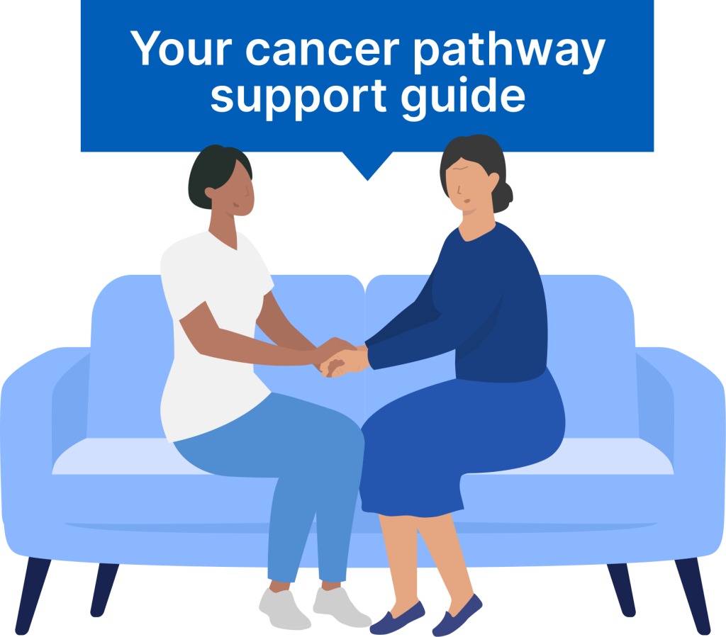 Illustration in shades of blue of two women sitting on a sofa. Their hands are clasped together in a supportive way.