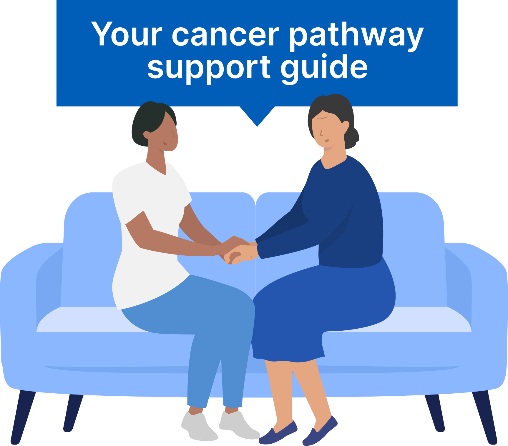 Illustration in shades of blue of two women sitting on a sofa. Their hands are clasped together in a supportive way.