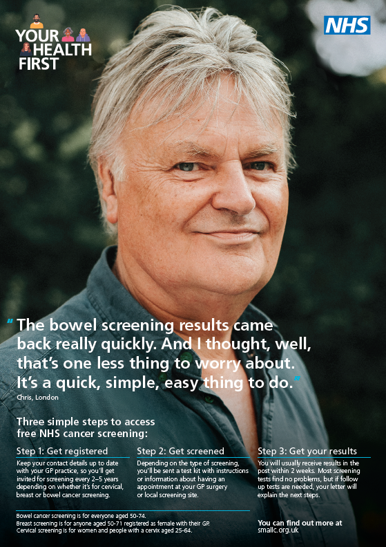 Your Health First campaign poster. Featuring White man with short grey hair, wearing open necked, dark grey shirt.