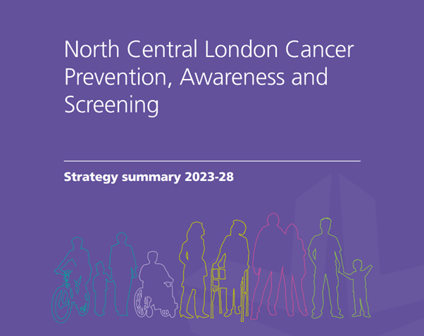 North Central London Cancer Prevention, Awareness and Screening Strategy summary 2023-28. Shown on a purple background, white text and line illustrations of different people