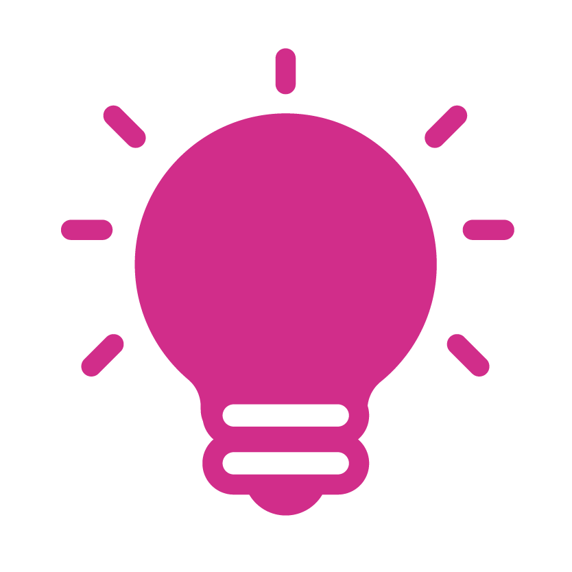 Graphic illustration of a pink screw in light bulb with pink markings indicating light coming from the bulb