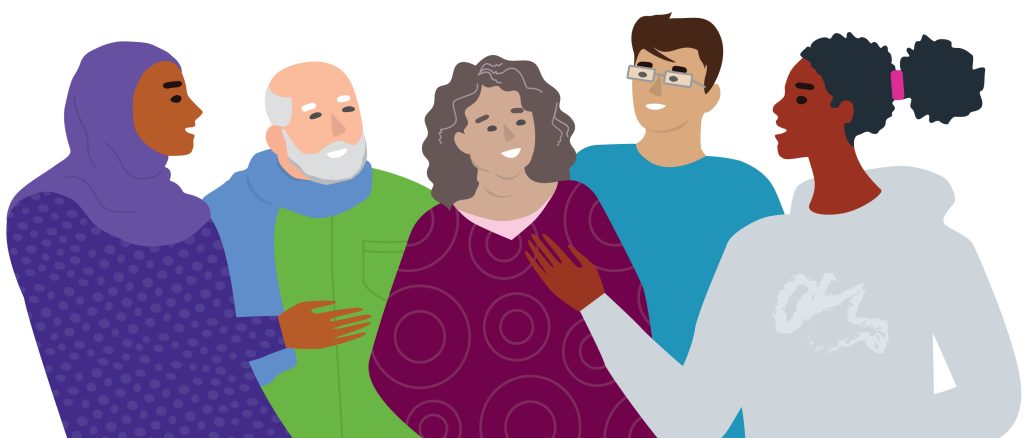 Illustration of five people of different ages, ethnicities and gender representing patient and carer partners in North Central London