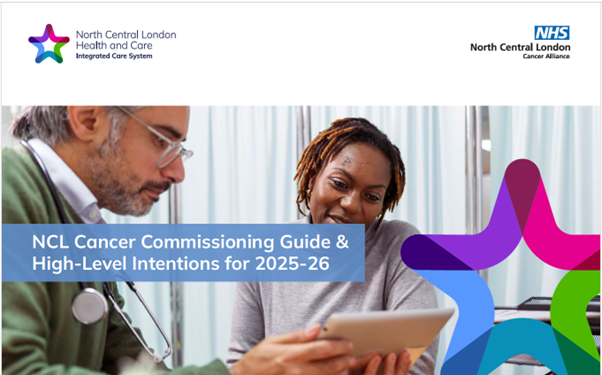 Cover image for the North Central London Cancer Commissioning Guide features a GP in discussion with a patient.