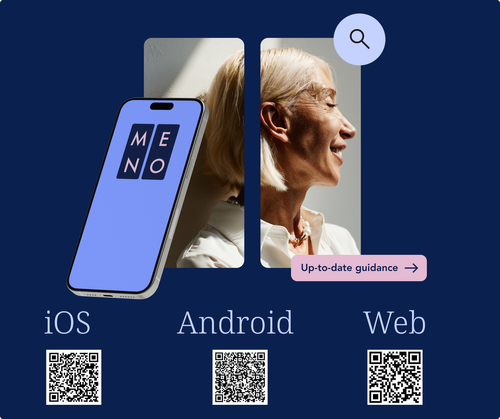 Dark blue background shows image of a woman from the MENO.pause app and three QR codes for accessing the app via IOS, Android, or the web