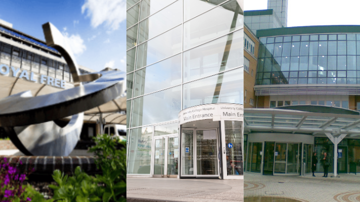 Montage of hospital buildings for Royal Free London, UCLH and Whittington Health