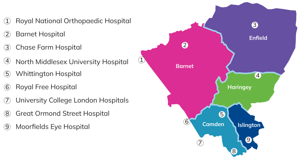 Graphic coloured map of North Central London marked with local hospitals