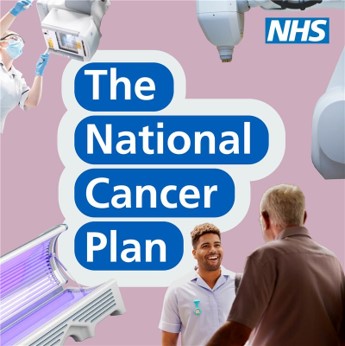 NHS logo top right. Words 'The National Cancer Plan' surrounded by medical images