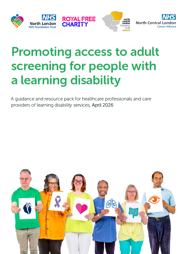 Promoting access to adult screening for people with a learning disability. Cover features image of 6 people with a learning disability