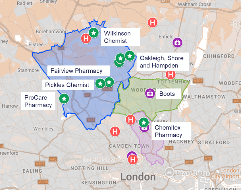 North Central London map showing pharmacies participating in the COMPASS pilot.
