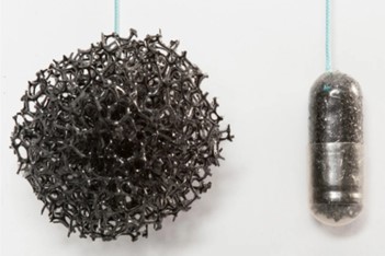 Capsule for collecting cellls from the oesophagus, shown before and after swallowing