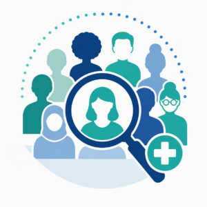Infographic of a diverse range of people. A magnifying glass focuses on the person in the centre.